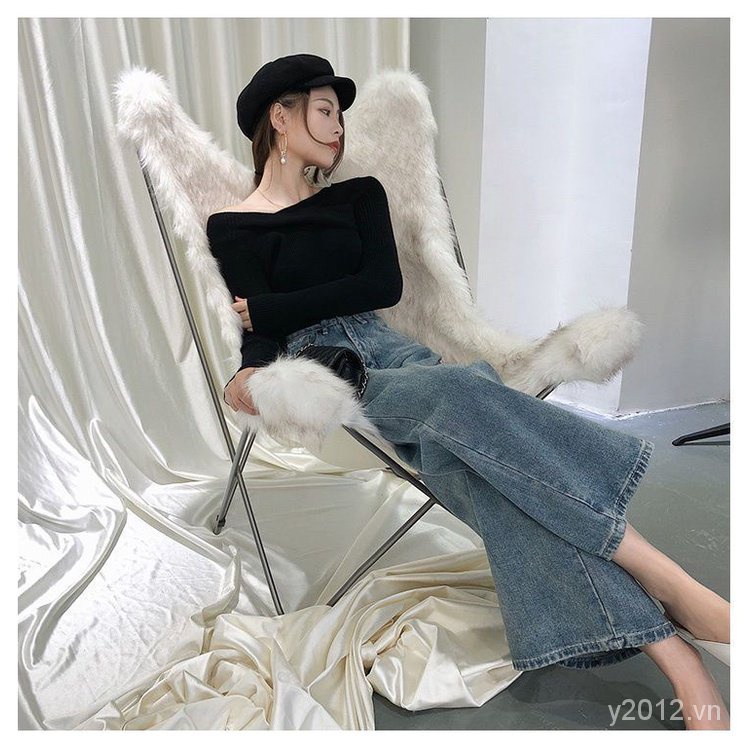 Set Áo Nữ Tay Dài Trễ Vai + Quần jeans Dài Ống Rộng Thời Trang