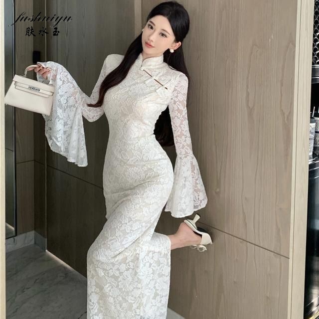 Áo ren FUSHUIYU tay loe ôm eo xẻ tà cao cấp phong cách Trung Hoa sang trọng