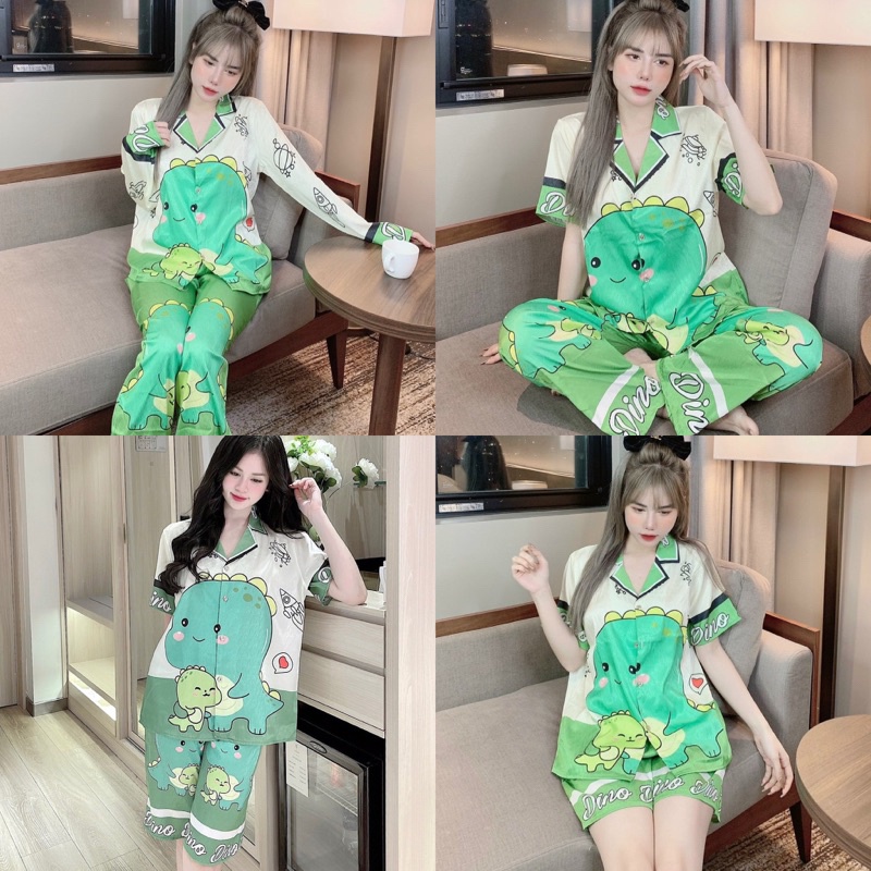 Bộ ngủ lụa xước pijama nữ hình khủng long mặc nhà cute dễ thương Freesize 35-58kg - COMEL