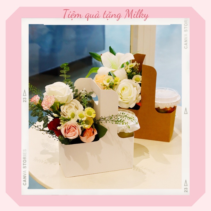 Hộp giấy Kraft 2 ngăn đựng hoa, nước uống, túi giấy làm quà tặng, đựng cà phê trà sữa hoa quả