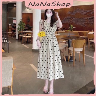 Đầm Nữ Dáng Suông Dài Họa Tiết Chấm Bi Tay Bồng Chạy Chun Cổ Dây Buộc Eo Mặc Được 2 Kiểu Siêu Tiện