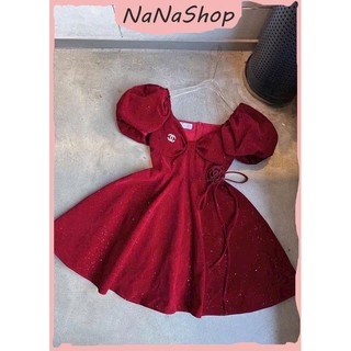 Đầm nữ xòe nhung đỏ kim tuyến tay phồng nơ hoa eo kèm đá, Đầm xòe bồng ngực phối nơ tay phồng eo đính hoa