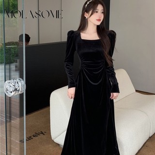 MOLASOME Nữ Váy dài tay cổ vuông màu trơn thời trang