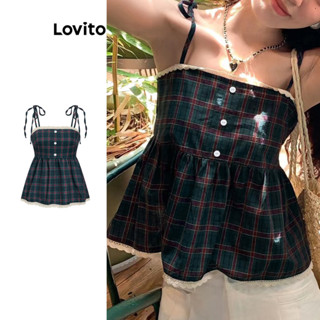 Lovito Áo ba lỗ buộc dây cổ bèo nhún kẻ caro giản dị dành cho nữ L104ED086
