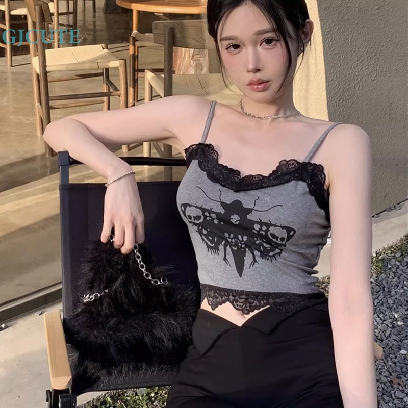 Áo Hai Dây Phối Ren Dáng Ôm In Họa Tiết retro Thời Trang Mùa Hè Quyến Rũ Cho Nữ Wd