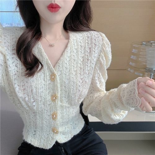 Áo Kiểu Ôm Eo Tay Phồng Phối Ren Gợi Cảm Thời Trang Thu Đông 2023 Cho Nữ