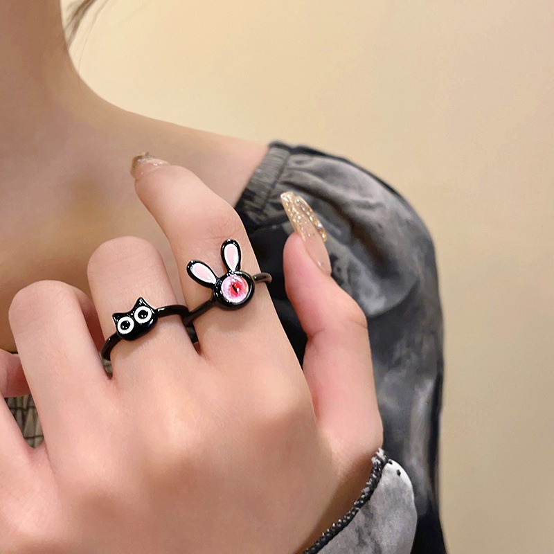 Nhẫn Hở Hình Mèo Đen / Thỏ Hoạt Hình Bằng Nhựa resin Dễ Thương Có Thể Điều Chỉnh Cho Cặp Đôi