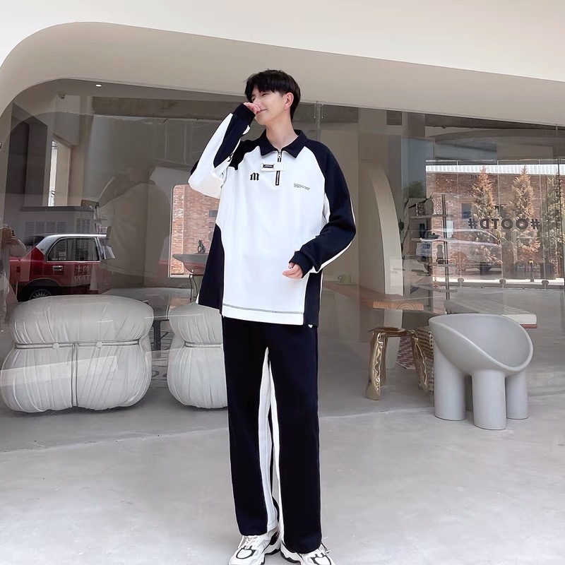 Áo nỉ sweater polo cho nam và nữ , phối màu đen trắng thêu chữ M kiểu dáng unisex 2023 EA096 Meme