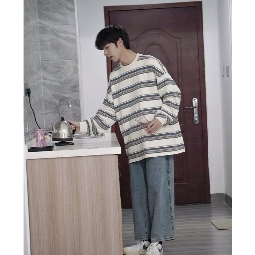 Áo nỉ sweater kẻ đen ngang unisex bo tay chun phong cách hàn quốc 2023 EA097 Meme
