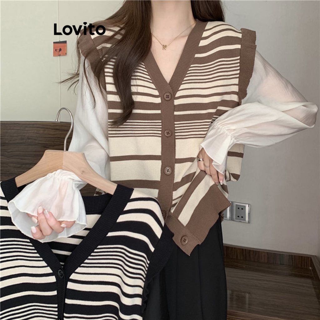 Áo cardigan Lovito có nút kẻ sọc thường ngày cho nữ LNE17172 (màu cà phê/ đen)