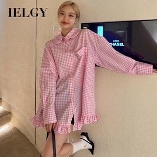 Ielgy Đầm Sơ Mi Cổ Búp Bê Kẻ Sọc Caro Phong Cách Hàn Quốc Cổ Điển Thời Trang Cho Nữ
