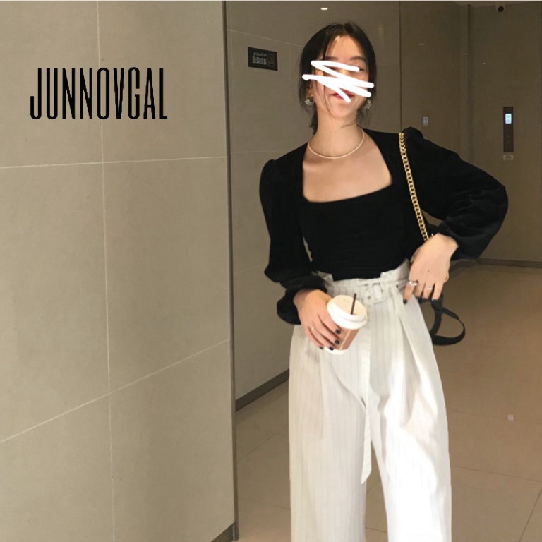 Junnovgal Áo Nhung Tay Phồng Dài Cổ Vuông Màu Đen Thời Trang 2023 Cho Nữ