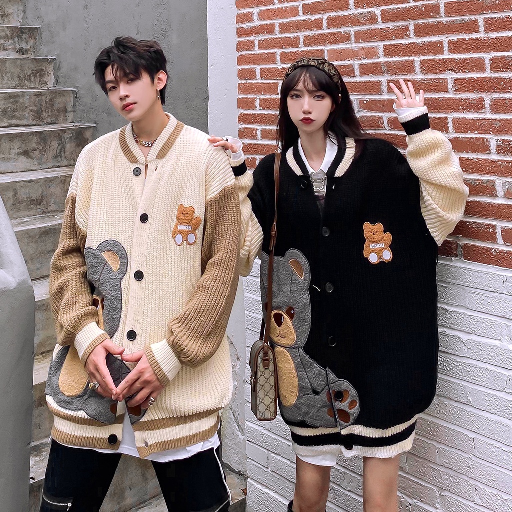 Áo Khoác cardigan Dệt Kim Thêu Họa Tiết Gấu Màu Sắc Tương Phản Thời Trang Thu Đông 2023