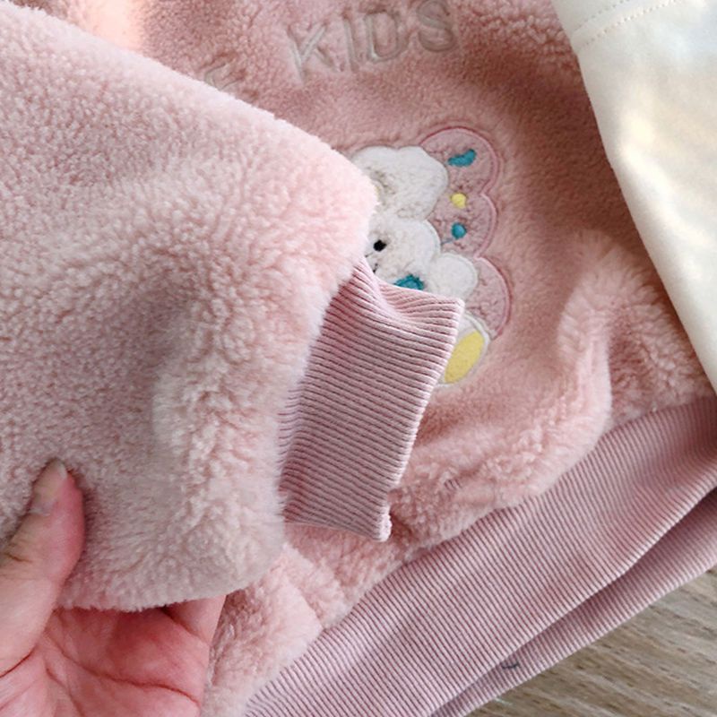 Bộ Đồ Hai Mảnh Lót Nhung Lông Cừu Dày Dặn Dễ Thương Thời Trang Thu Đông 2021 Cho Bé Trai Và Bé Gái