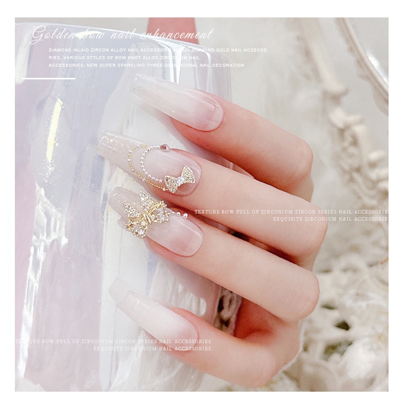 Trang sức nghệ thuật móng tay nơ vàng mạ zircon / Dây buộc kim cương gắn móng tay bằng kim loại không phai màu