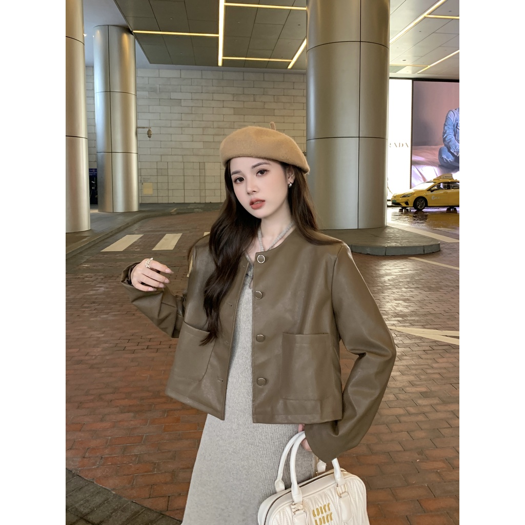 Lisynn Áo Khoác Da pu Dài Tay Phong Cách retro Cho Nữ
