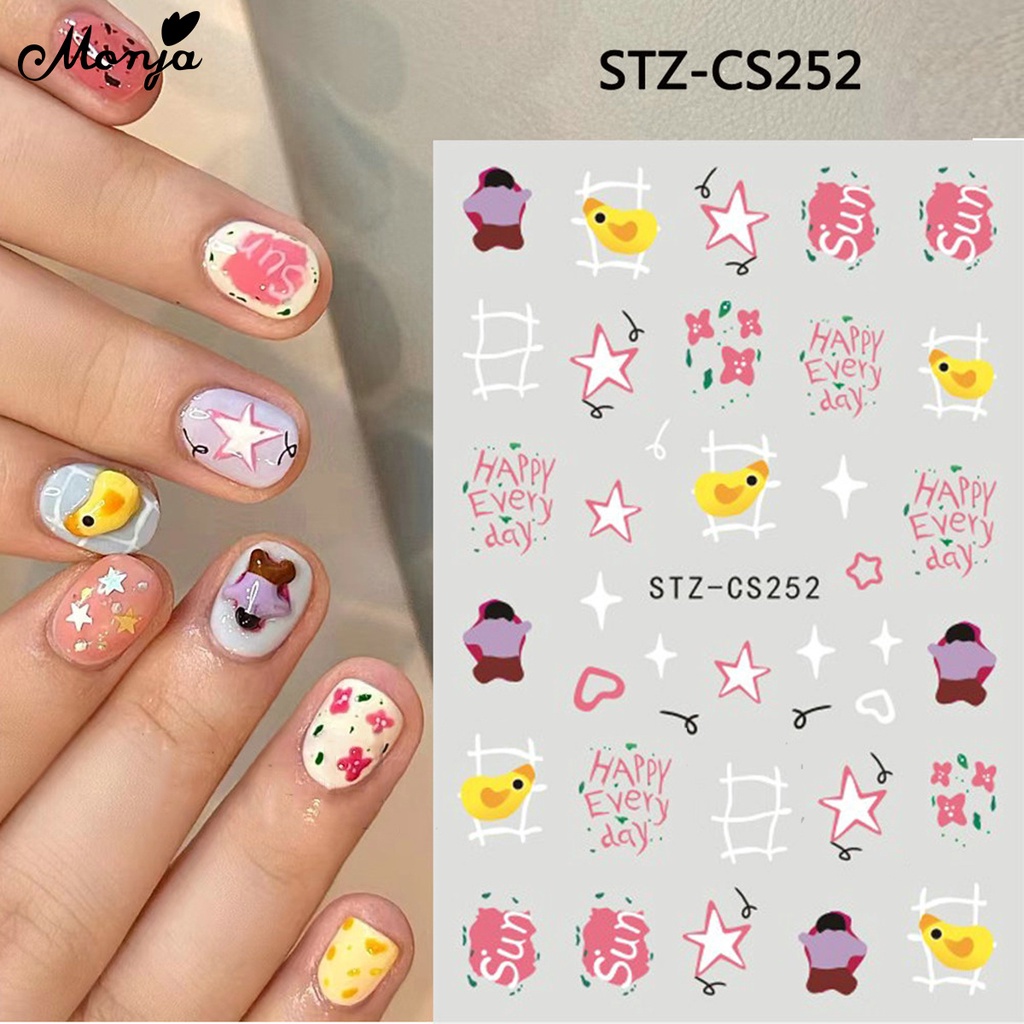 Monja Nhãn Dán Móng Tay Tự Dính Họa Tiết Hoa Ngôi Sao Ba Chiều Dễ Thương Hỗn Hợp Trang Trí Móng Nghệ Thuật Tự Làm