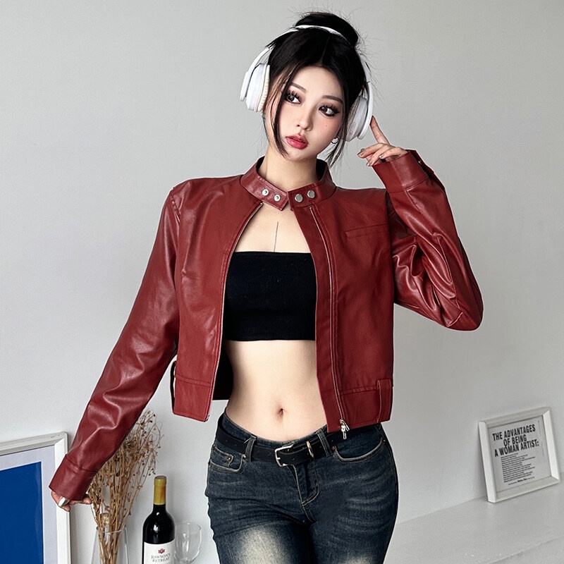 Weird Puss Áo Khoác Da pu Tay Dài Dáng Rộng Có Khóa Kéo Phong Cách Đường Phố Thời Trang Mùa Thu Cho Nữ