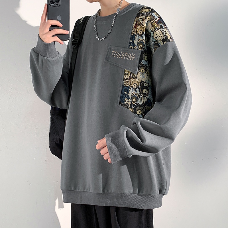 Áo sweater Cổ Tròn Tay Dài Dáng Rộng Thêu Hình Gấu Kiểu vintage Thời Trang Mùa Thu Cho Nam