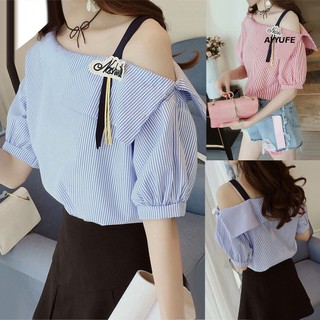 Ayyufe Áo Sơ Mi Tay Lửng Dáng Rộng Họa Tiết Kẻ Sọc Thời Trang Dành Cho Nữ