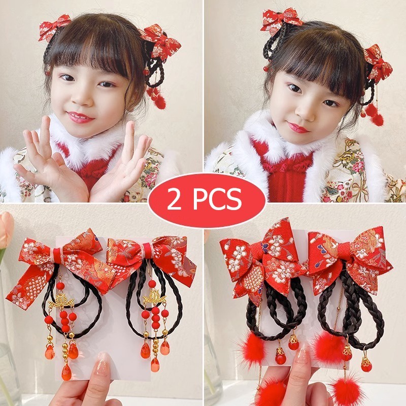 Set 2 Kẹp Tóc Đính Nơ Giả Phong Cách Trung Hoa Mừng Năm Mới Cho Bé Gái