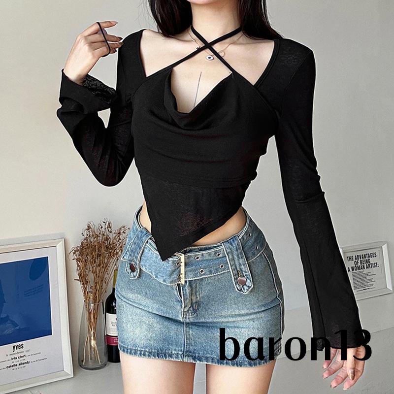 Xo8k-áo crop Top Hai Dây Tay Dài Cắt Thấp Màu Trơn Thời Trang Xuân Hè Dành Cho Bạn Nữ
