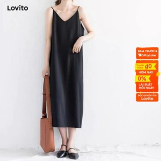 【Gợi ý từ KOL】Đầm Lovito đơn giản cổ chữ V tôn dáng DRM1001 (màu đen)