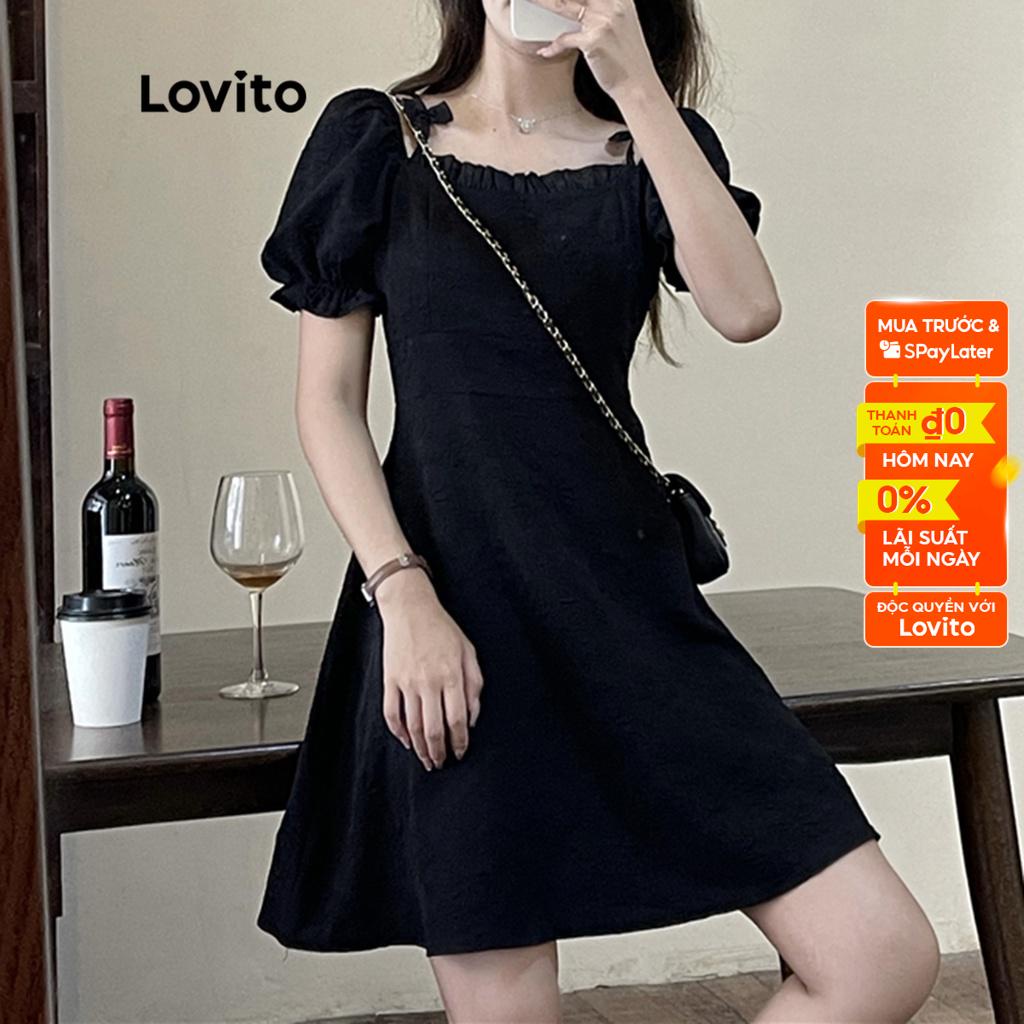 Đầm ngắn Lovito kiểu chữ A tay ngắn họa tiết bướm màu trơn thường ngày cho nữ LNE09068 (Đen)