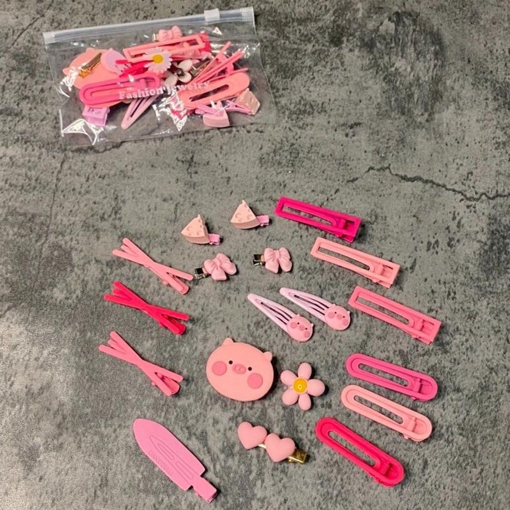 Set kẹp tóc Hồng 17 và 19 món dễ thương cute cưng xỉu lun