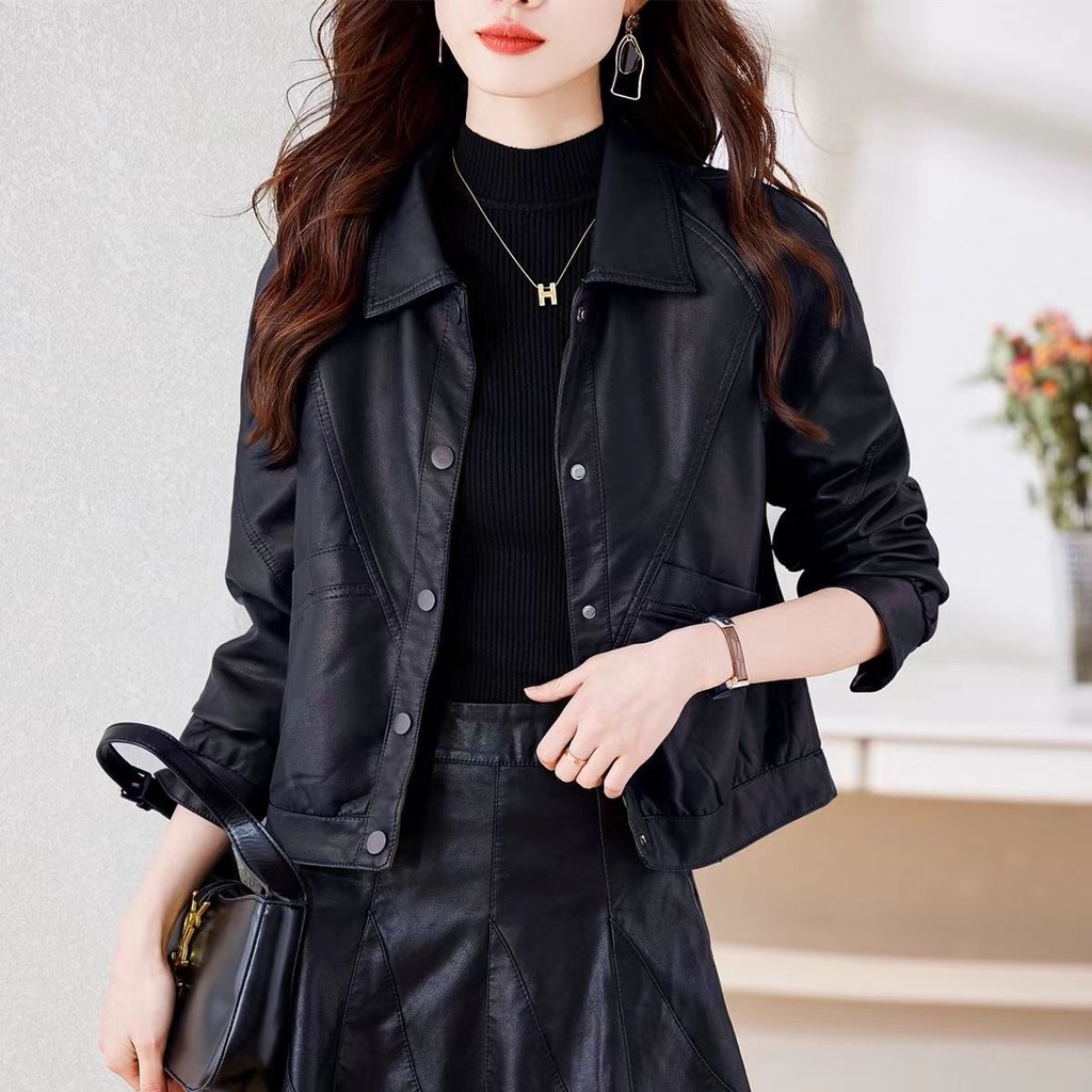 Haining Áo Khoác Da Dáng Ngắn Thời Trang Xuân Thu 2023 Cho Nữ