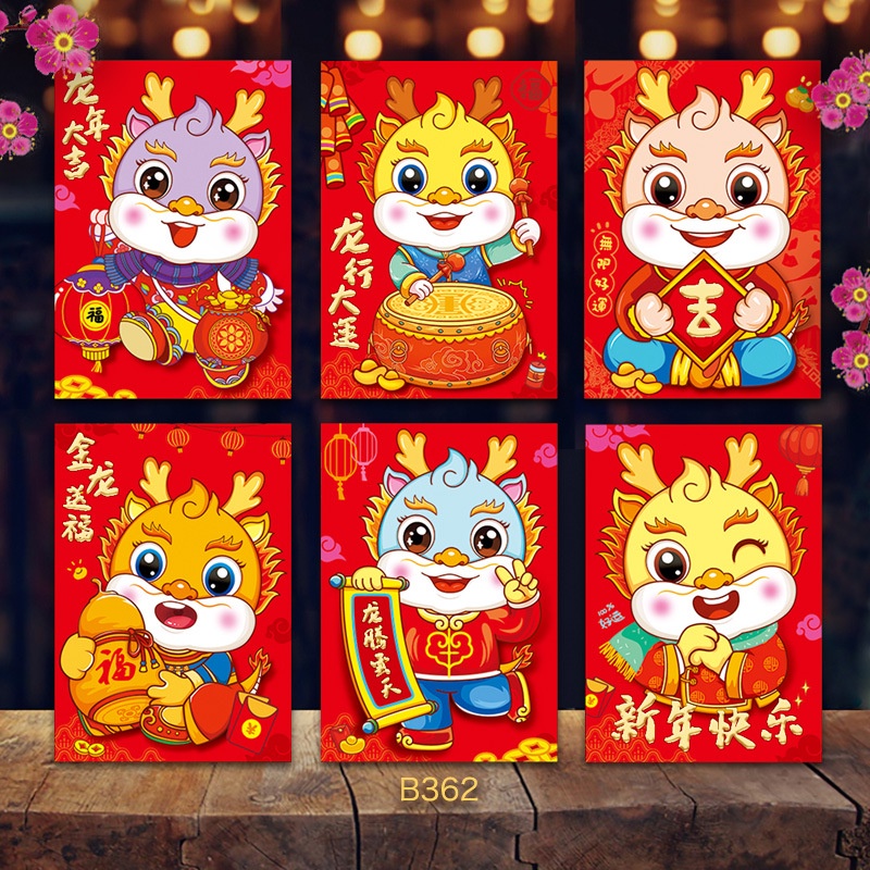 Set 6 Bao Lì Xì Năm Mới 2024 Họa Tiết Rồng Đỏ Phong Cách angpao