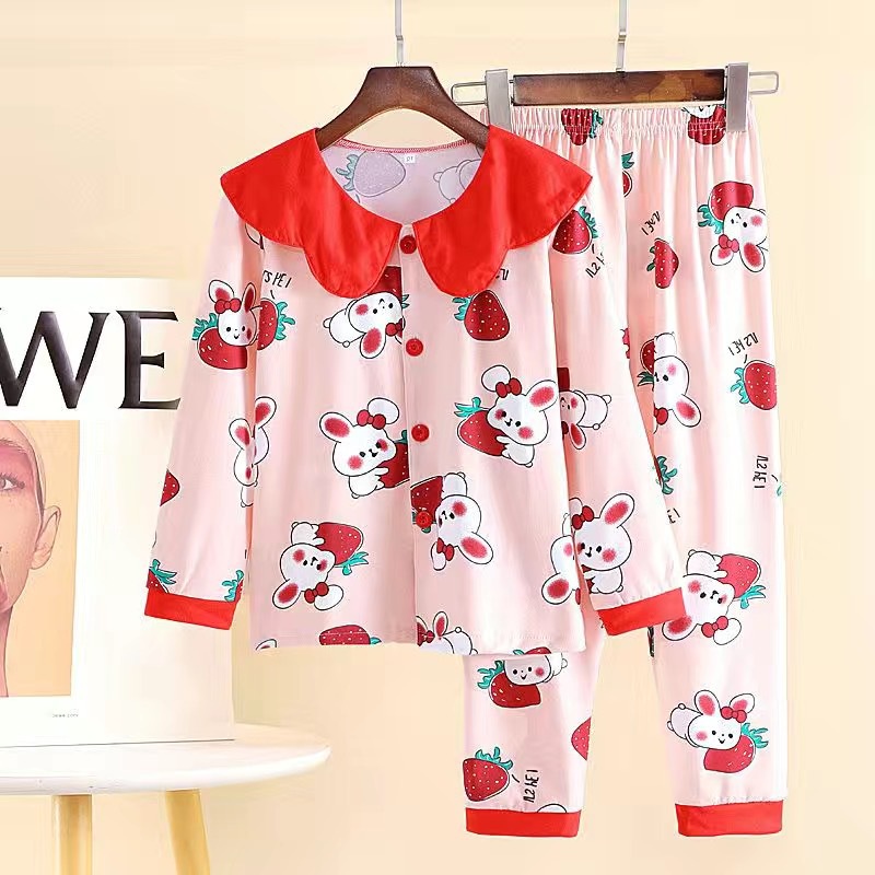 Bộ Đồ Ngủ 2 Món Gồm Áo Tay Dài Cổ Búp Bê Hoạt Hình + Quần Dài Cho Bé Gái