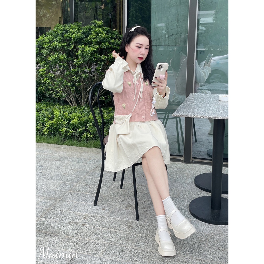 Set 3 chi tiết áo gile hoa váy sơ mi bèo kèm túi hàng QC