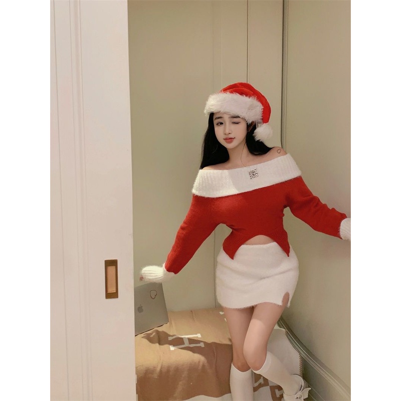 Uiowoo Set Áo Len Ngắn Xẻ Tà + Chân Váy Lưng Cao Màu Đỏ Phong Cách Giáng Sinh Thời Trang Thu Đông Cho Nữ