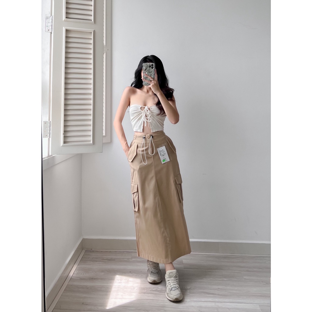 AIORI - Váy Dài Nữ KaKi Túi Hộp Lưng Thun Co Giãn Có Dây Siết Eo Mã V010