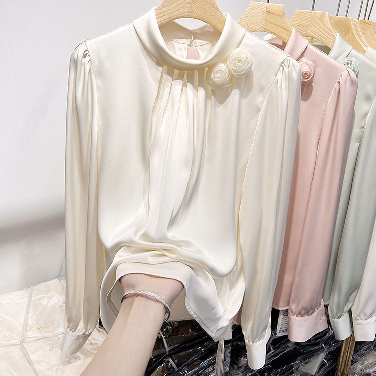 Áo Sơ Mi Cổ Đứng Màu Trơn Họa Tiết Hoa Ba Chiều Cho Nữ