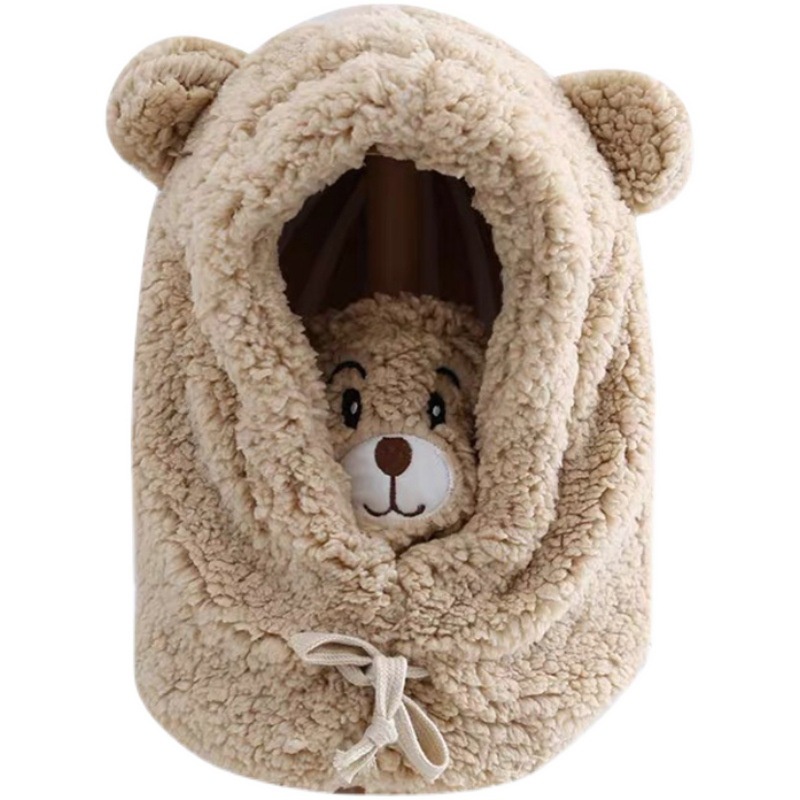 Mũ beanie Lông Cừu Dày Dặn Giữ Ấm Tai Kèm Mặt Nạ Hình Gấu Hoạt Hình Dễ Thương Cho Nữ