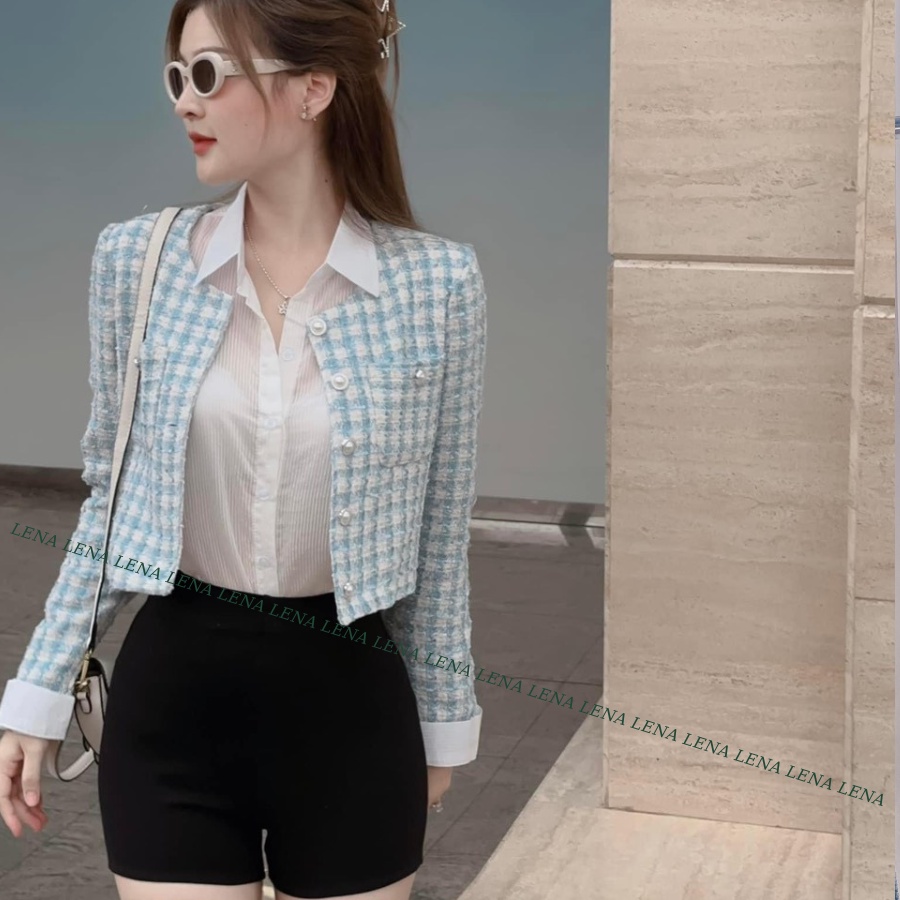 Áo Khoác Dạ Tweed cổ tròn xanh baby dáng lửng siêu sang chảnh - Sơ mi trắng tơ mịn mát- quần đùi ôm body  LENA 3040