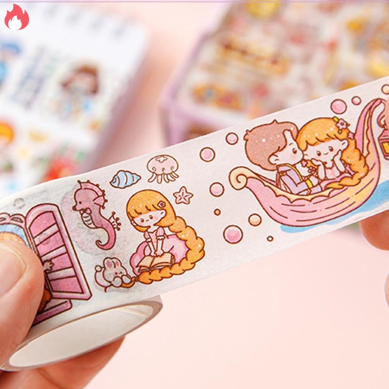 Hộp 8 món băng keo dính Washi tape + sticker dán trang trí sổ lưu niệm DIY hoa tiết hoạt hình cute RYVN