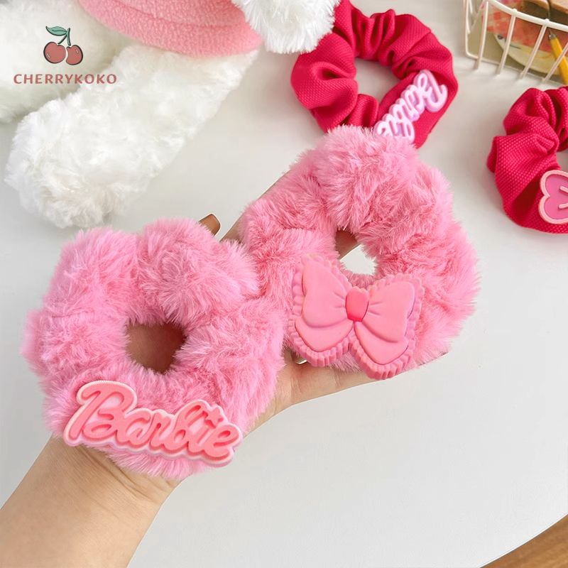 🍒🍒Cherrykoko Búp bê barbie Dây Cột Tóc Vải Lông Hình Nơ In Chữ barbie Màu Hồng Ngọt Ngào Thời Trang Hàn Quốc Cho Nữ