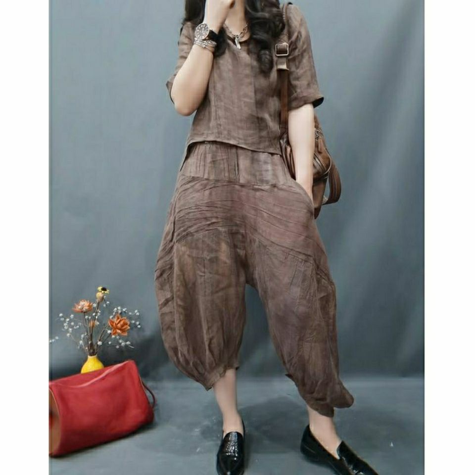 Bộ Trang Phục Hai Mảnh Vải Lanh Dáng Ngắn Lưng Ngắn Phong Cách retro Mùa Xuân Thu