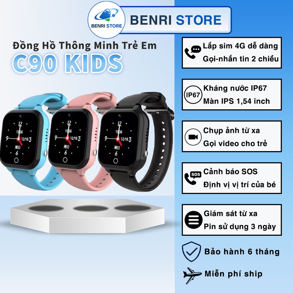 Đồng Hồ Thông Minh Smartwatch Trẻ Em C90 Lắp Sim 4G, WIFI, Nghe Gọi Video 2 Chiều, Theo Dõi GPS, Nút SOS, Chụp Ảnh