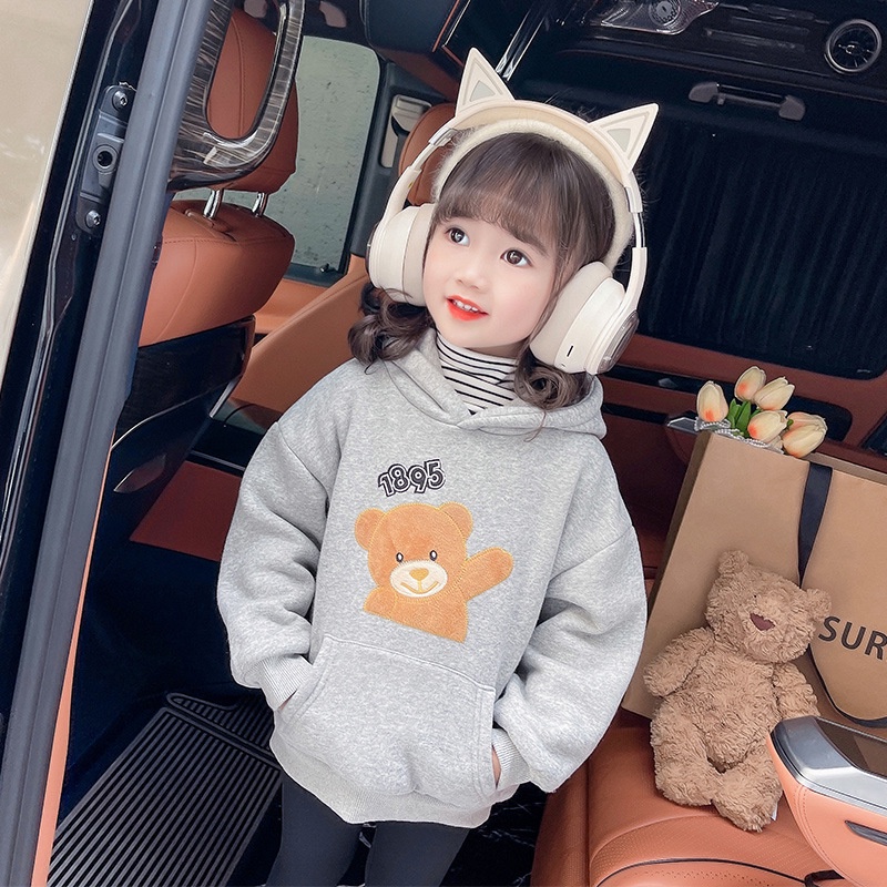 Áo Nỉ Lót Lông Cừu Thêu Hình Gấu Hoạt Hình Phong Cách Hàn Quốc Thời Trang Thu Đông Dành Cho Bé Gái 90-140cm