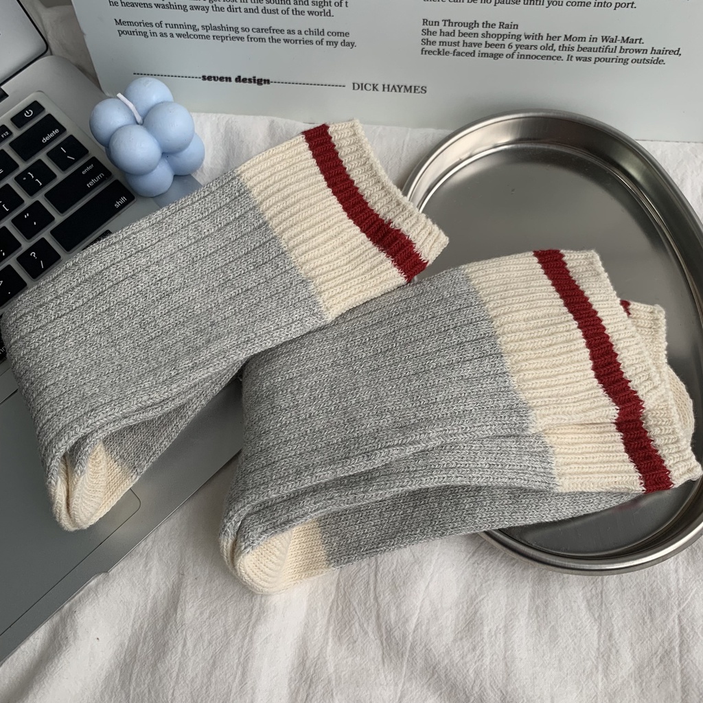 Đôi Vớ cotton Dày Cổ Cao Họa Tiết Kẻ Sọc Màu Sắc Tương Phản Phong Cách Hàn Quốc Thời Trang Thu Đông Cho Nam Và Nữ