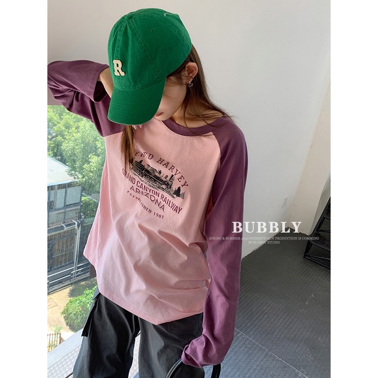 Áo Thun Tay Dài Cổ Tròn In Chữ Màu Sắc Tương Phản Thời Trang Thu Đông Cho Nữ