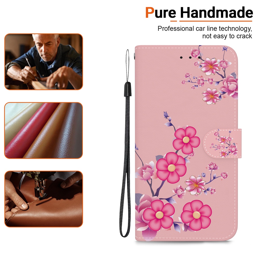 Bao Da Điện Thoại Nắp Gập Có Ngăn Đựng Thẻ Vẽ Hình Hoa Anh Đào Cho oppo reno 10 5g 10pro 5g 9 9pro 8t 8 8pro 7z 8z 4g 5g Ốp