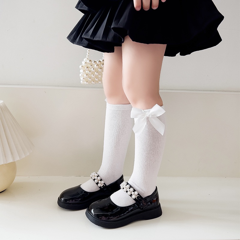 Vớ cotton Cổ Vừa Màu Trơn Đính Nơ Phong Cách Công Chúa Hàn Quốc Thời Trang Mùa Thu Cho Bé Gái