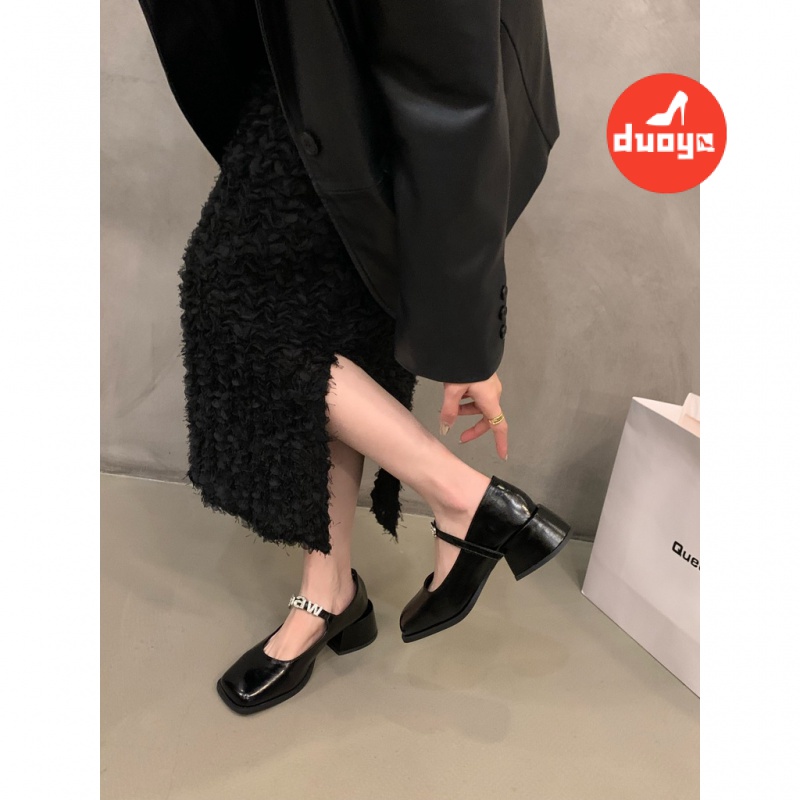 Nhà máy duoya tóc thẳng ~  giày cao gót bạc mary jane giày nữ mũi vuông màu đen phong cách anh giày da nhỏ miễn phí vận chuyển