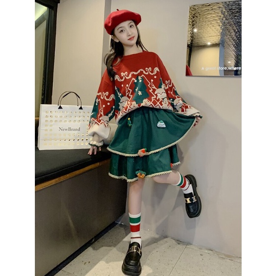 Bộ Áo Váy Hai Món Phối Lông Phong Cách Giáng Sinh Và Năm Mới Cho Bé Gái