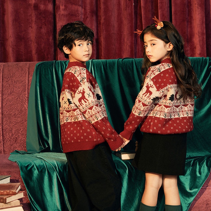 Áo sweater Vải Lông Cừu Dày Chui Đầu Màu Đỏ Giáng Sinh Phong Cách Hàn Quốc Dễ Thương Thu Đông Cho Bé Trai Bé Gái